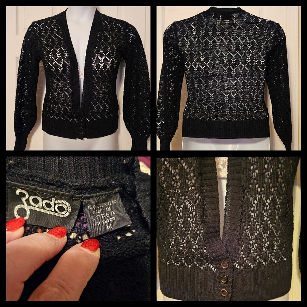 #381 Vintage- Zado- Black Acrylic Lace looking Cardigan- Size: Medium